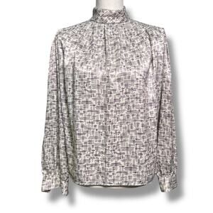 Vintage 70s Silky High Neck Blouse Top Back Buttons Size Medium Retro Office